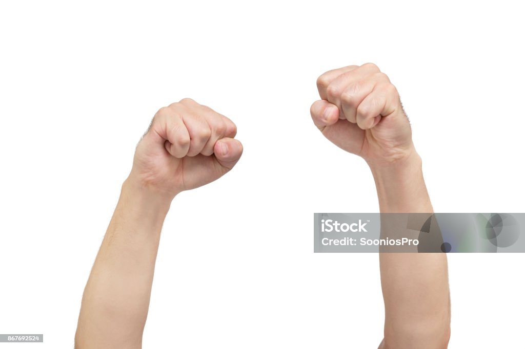 Two hands of fists on white background, symbol of protest. Front view Cut Out Stock Photo