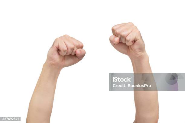 Two Hands Of Fists On White Background Symbol Of Protest Front View Stock Photo - Download Image Now