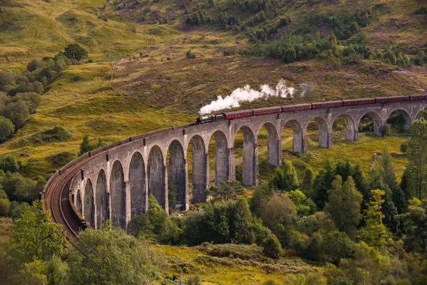 The Jacobite steam train passing the Glenfinnan Viaduct in Scotland