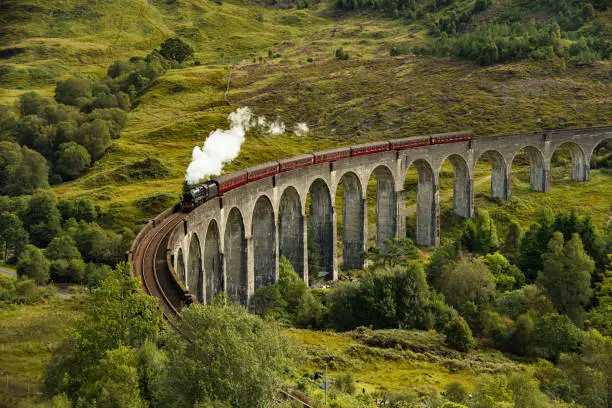 The Jacobite steam train passing the Glenfinnan Viaduct in Scotland