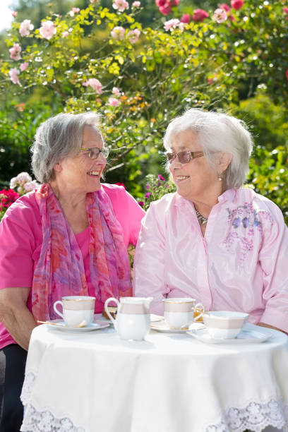 istock Two senior smiling women having tea in garden. 867696402