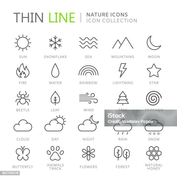 Sammlung Von Natur Dünne Linie Icons Stock Vektor Art und mehr Bilder von Icon - Icon, Wetter, Meer
