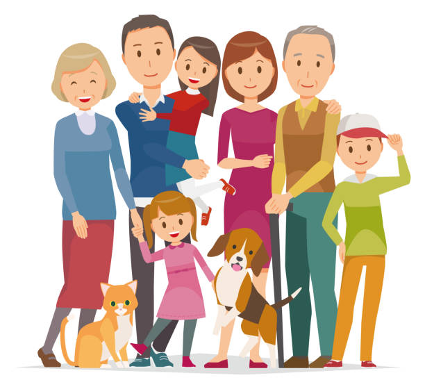 ilustraciones, imágenes clip art, dibujos animados e iconos de stock de ilustración de familia - 7 personas de 3 generación y mascota en invierno - people dog winter cute