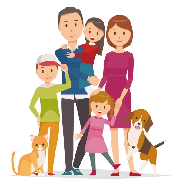 Vector illustration of Family Illustration - 5 people and pets in winter