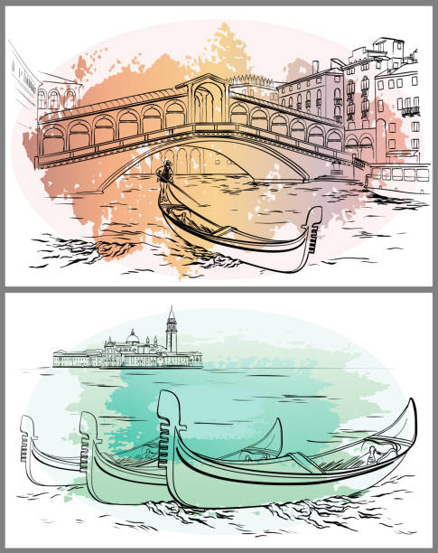 gondoliers w pobliżu rialto, lido, akwarela wenecja - venice italy italy rialto bridge italian culture stock illustrations