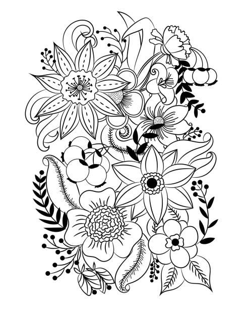 malvorlagen mit blüten und blättern - adult stock-grafiken, -clipart, -cartoons und -symbole