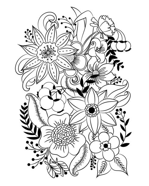 Coloring page with flowers and leaves Coloring page with flowers and leaves. Vector pattern black and white illustration can be used for coloring book pages for kids and adults. Hand drawn design for relax and meditation adult coloring pages mandala stock illustrations