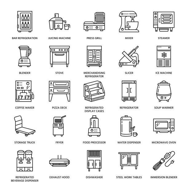 bildbanksillustrationer, clip art samt tecknat material och ikoner med restaurang professionell utrustning linje ikoner. köksredskap, mixer, blender, fritös, matberedare, kylskåp, ångbåt, mikrovågsugn. tunn linjär tecken för kommersiella matlagning utrustning store - storkök