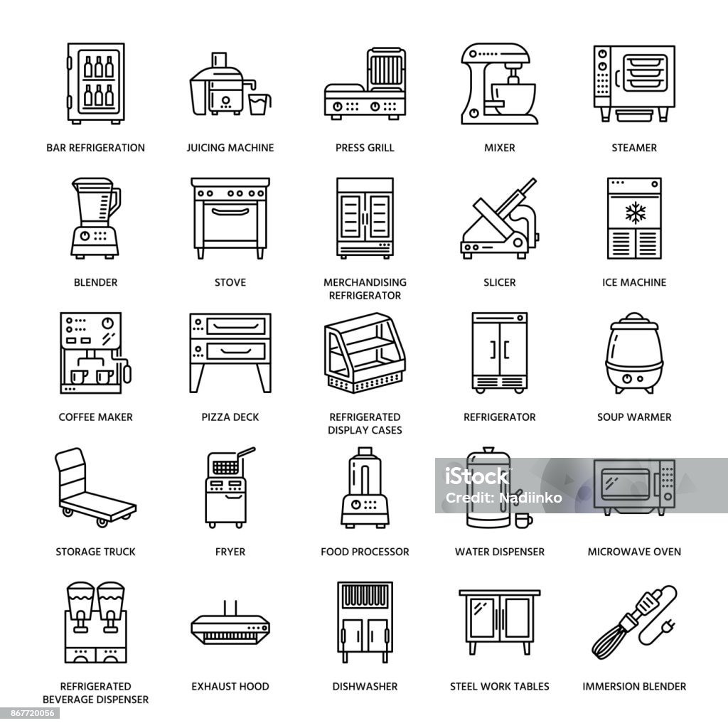 Restaurant professional equipment line icons. Kitchen tools, mixer, blender, fryer, food processor, refrigerator, steamer, microwave oven. Thin linear signs for commercial cooking equipment store Restaurant professional equipment line icons. Kitchen tools, mixer, blender, fryer, food processor, refrigerator, steamer, microwave oven. Thin linear signs for commercial cooking equipment store. Commercial Kitchen stock vector