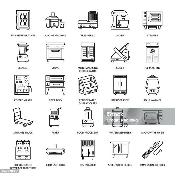 Restaurant Professional Equipment Line Icons Kitchen Tools Mixer Blender Fryer Food Processor Refrigerator Steamer Microwave Oven Thin Linear Signs For Commercial Cooking Equipment Store Stock Illustration - Download Image Now