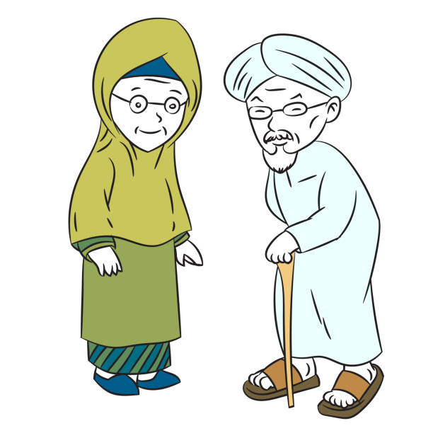 ilustraciones, imágenes clip art, dibujos animados e iconos de stock de dibujos animados de ilustración de ancianos musulmanes - vector de caracteres - senior couple isolated white background standing