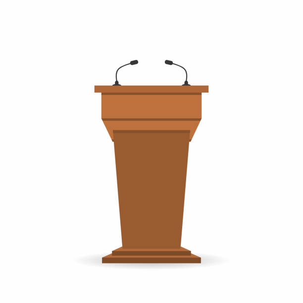 Wooden podium tribune stand rostrum with microphones. Back view from audiences side Wooden podium tribune stand rostrum with microphones. Back view from audiences side. Vector illustration seminar classroom lecture hall university stock illustrations