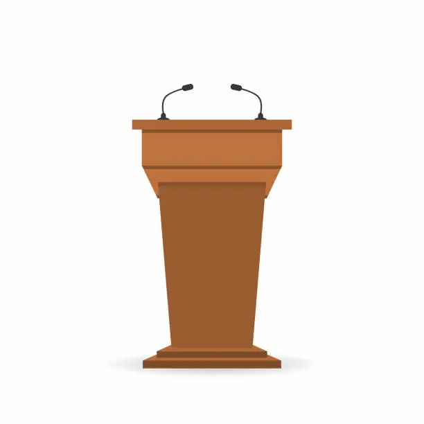 Vector illustration of Wooden podium tribune stand rostrum with microphones. Back view from audiences side