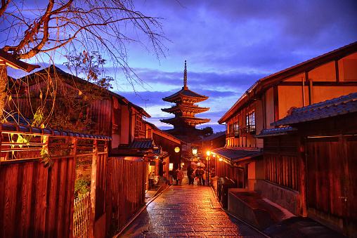 Yasaka Pagoda in twilight time at alley of Japanese old town, Higashiyama
