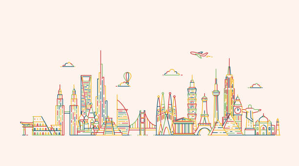 세계 스카이 라인. 개요 스타일 illustations - dubai skyline panoramic united arab emirates stock illustrations