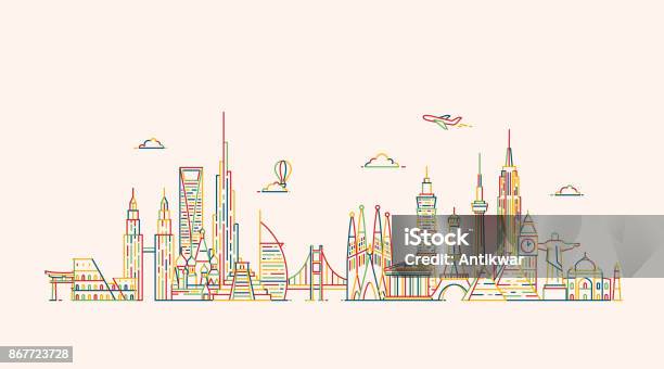 World Skyline Illustations In Outline Style Stock Illustration - Download Image Now - City, Urban Skyline, Illustration