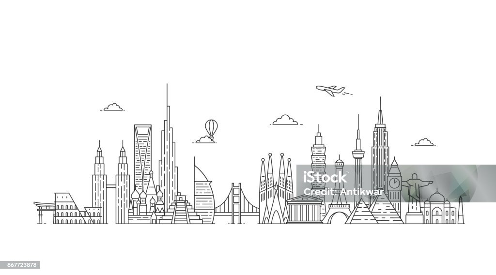 Skyline du monde. Illustations dans le style de contour - clipart vectoriel de Horizon urbain libre de droits
