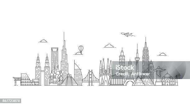 Мировой Горизонт Иллюстации В Стиле Контура — стоковая векторная графика и другие изображения на тему Линия горизонта - Линия горизонта, Дубай, Векторная графика
