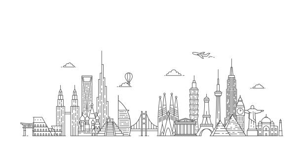 World skyline. Illustations in outline style Travel and tourism background. Famous buildings and monuments. cityscape symbols stock illustrations