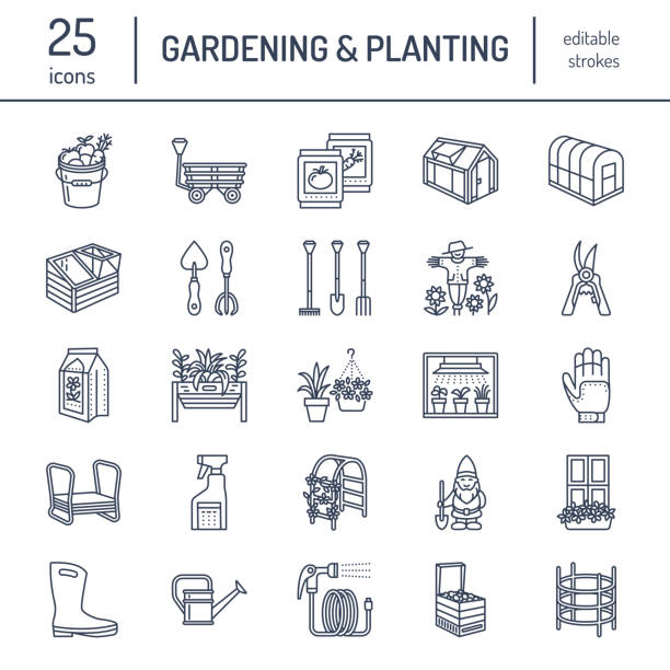 Gardening, planting and horticulture line icons. Garden equipment, organic seeds, fertilizer, greenhouse, pruners, watering can and other tools. Vegetables, flower cultivation linear signs Gardening, planting and horticulture line icons. Garden equipment, organic seeds, fertilizer, greenhouse, pruners, watering can and other tools. Vegetables, flower cultivation linear signs. flower borders stock illustrations