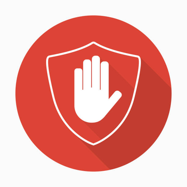 illustrations, cliparts, dessins animés et icônes de bouclier avec icône bloc main dans un style plat avec ombre - shielding shield security red