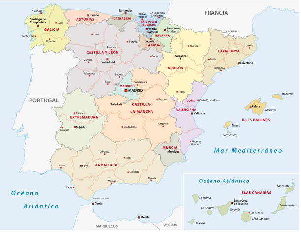 автономные сообщества испании карта - barcelona sevilla stock illustrations
