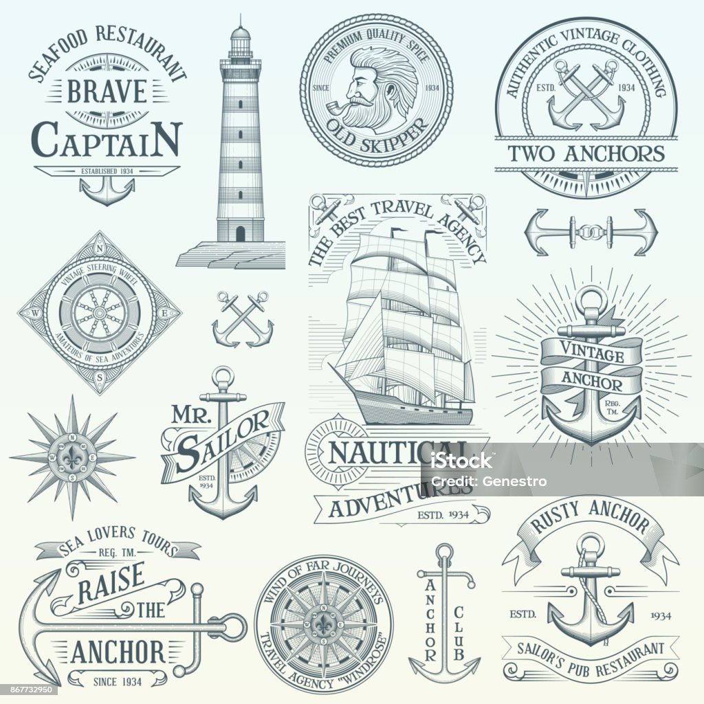 Set of vintage nautical labels Set of vintage nautical labels and badges. Hand drawn vector design elements. Highly detailed illustration. Nautical Vessel stock vector