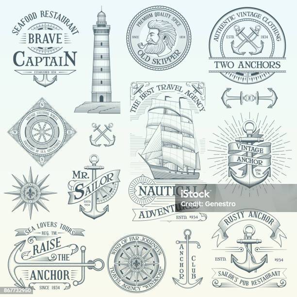 Set Of Vintage Nautical Labels Stock Illustration - Download Image Now - Nautical Vessel, Logo, Nautical Style