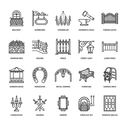 Forged metal products, artistic forging vector line icons. Blacksmith elements, wrought window fence, gate, railing, garden furniture, signboard and street lights. Metal decoration thin linear signs.