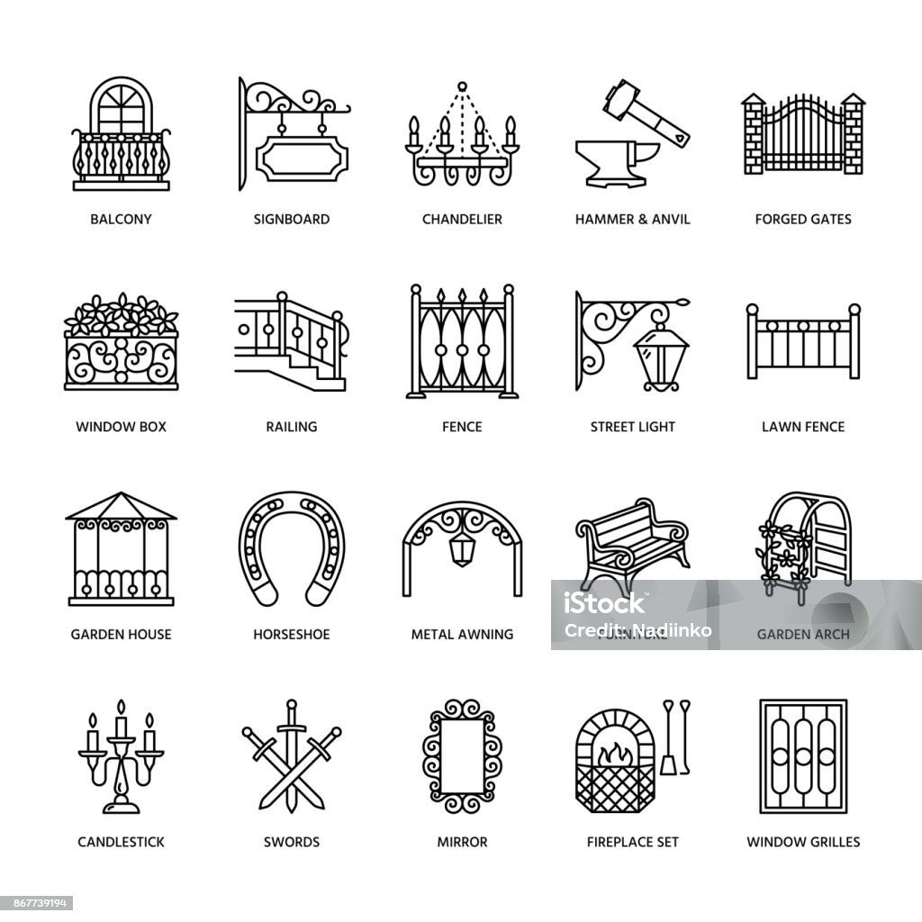 Forged metal products, artistic forging vector line icons. Blacksmith elements, wrought window fence, gate, railing, garden furniture, signboard and street lights. Metal decoration thin linear signs Forged metal products, artistic forging vector line icons. Blacksmith elements, wrought window fence, gate, railing, garden furniture, signboard and street lights. Metal decoration thin linear signs. Icon Symbol stock vector