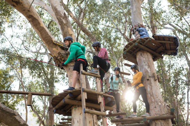 istock Friends enjoying zip line adventure in park 867739246