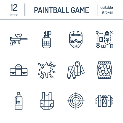 Paintball game line icons. Outdoor sport equipment, paint ball marker, uniform, mask, chest protection. Extreme leisure thin linear signs.