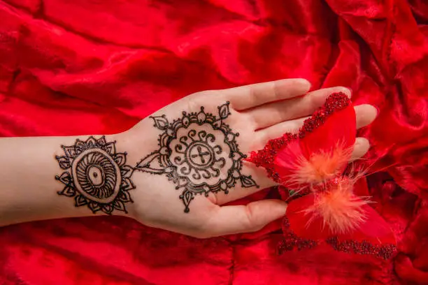 Oriental picture on woman hand palm, horizontal banner. mehendi traditional decoration, resistant design, brown henna tattoo art. Saloon service style, mandala lily flower, bright red cloth background