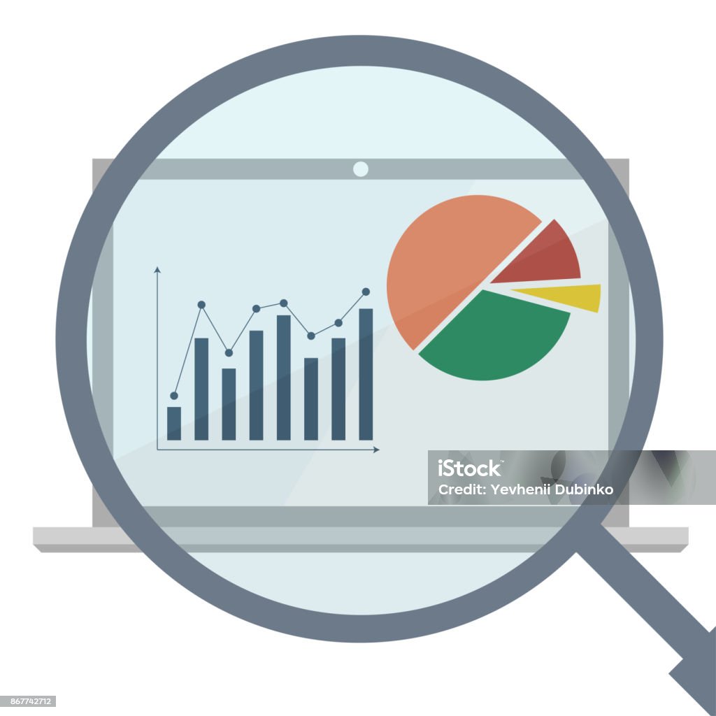 Analytics display with magnifier. Business analytics market data Analytics display with magnifier. Business analytics market data. Vector Business Strategy stock vector