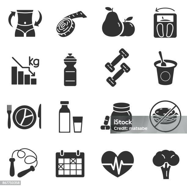 Diet Monochrome Icons Set Stock Illustration - Download Image Now - Icon Symbol, Dieting, Healthy Eating