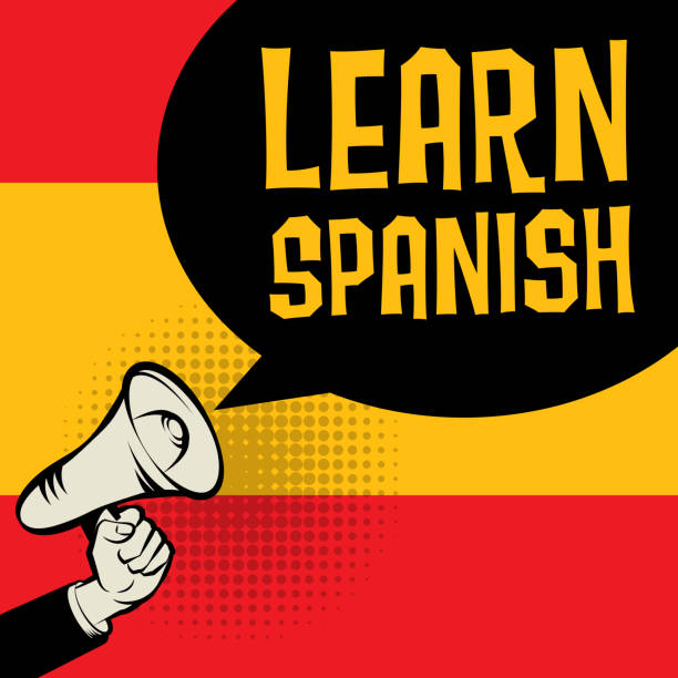 Megaphone Hand, business concept with text Learn Spanish Megaphone Hand, business concept with text Learn Spanish, vector illustration learn spanish stock illustrations