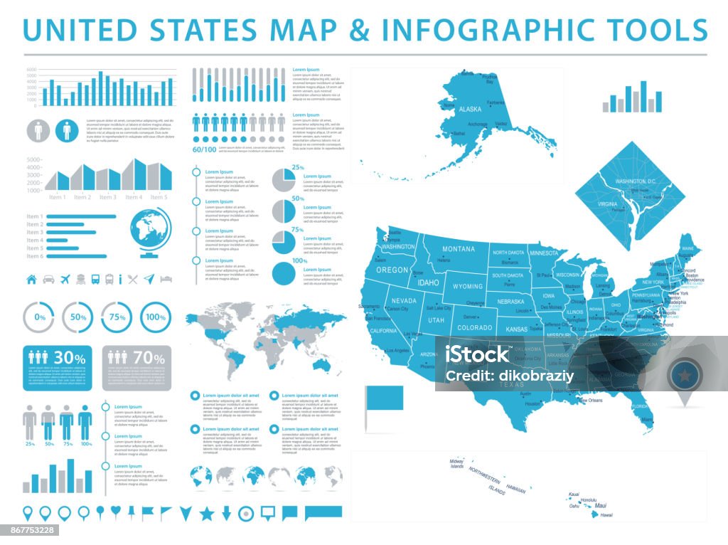 Mapa da Estados Unidos - informação vetor gráfico ilustração - Vetor de EUA royalty-free