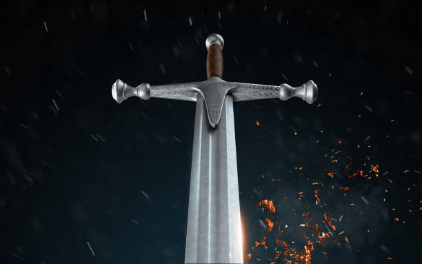istock Metal sword on a dark background with snow. 3d render 867754228
