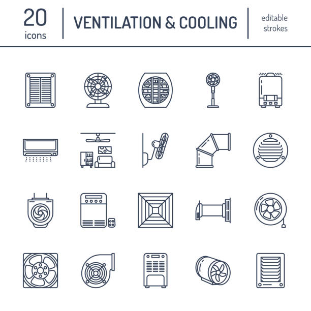 ilustrações, clipart, desenhos animados e ícones de ícones de linha de equipamentos ventila�ção. ar condicionado, resfriamento de aparelhos, exaustor. sinais lineares finas de ventilador doméstico e industrial para loja - exhaust fan