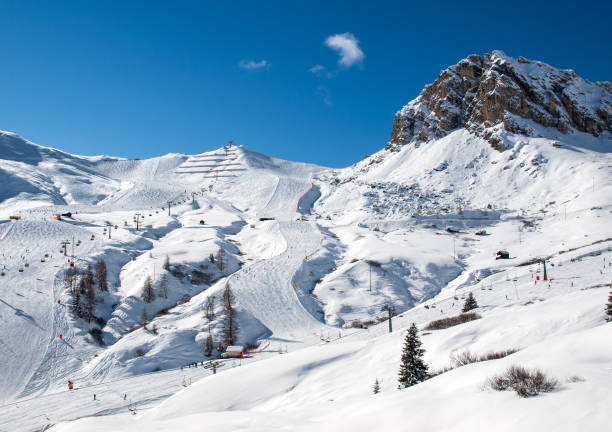 Skiing area in the Dolomites Alps. Overlooking the Sella group  in Val Gardena. Italy stock photo