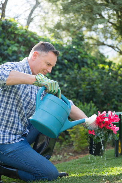 istock Man watering flowers with a watering can 867760832