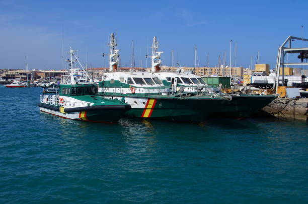 Corralejo, Fuerteventura, Canary Islands, Spain - October 24, 2017: Spanish Guardia Civil nautical patrol vessels in the harbor of Corralejo.