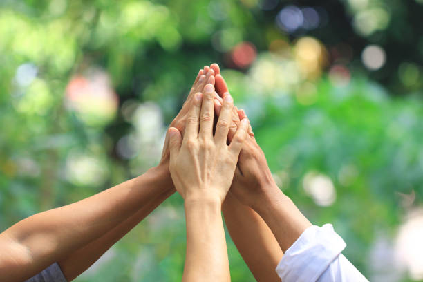 istock Friendship, Group people with stack of hands showing unity on natural green background, Meeting teamwork concept 867761690