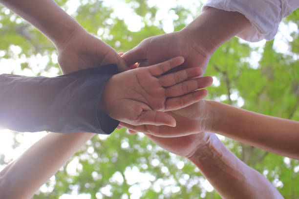 istock Meeting teamwork concept,Friendship,Group people with stack of hands showing unity on natural green background 867761698