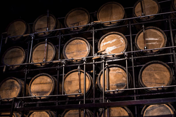 wooden barrel alcohol - cognac bottle imagens e fotografias de stock
