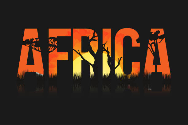 나무와 태양 아프리카 풍경입니다. 사바나와 아프리카를 레터링 대초원, 안으로 일몰 - south africa africa savannah sky stock illustrations