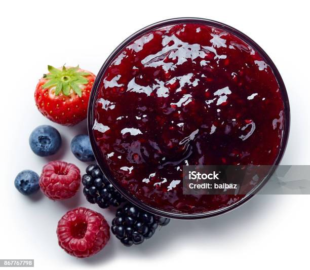 Bowl Of Wild Berry Jam Stock Photo - Download Image Now - Preserves, Berry, White Background