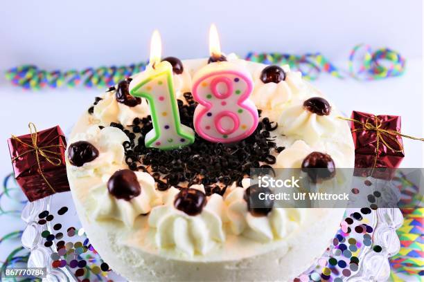 An Image Of A Birthday Cake With Candle 18 Stock Photo - Download Image Now - 18-19 Years, Birthday, Birthday Cake