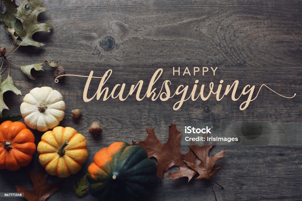 Happy Thanksgiving greeting text with pumpkins, squash and leaves over dark wood background Happy Thanksgiving greeting script with colorful pumpkins, squash and leaves over dark wooden background Thanksgiving - Holiday Stock Photo