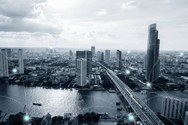 istock Black and white smart city with network connections, communication technology concept 867773690